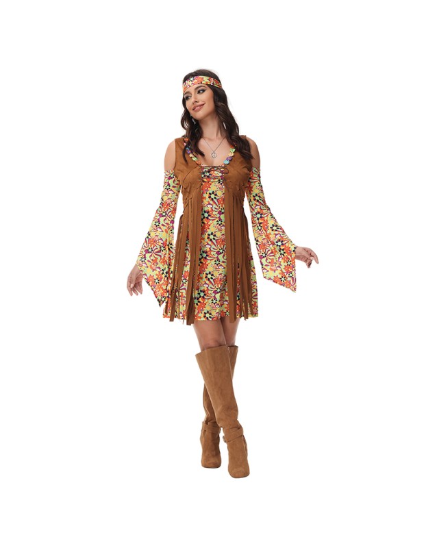 Vintage Women's Fringe Brown Cosplay Costume Full Hippie Disco Suits Costume MS1766