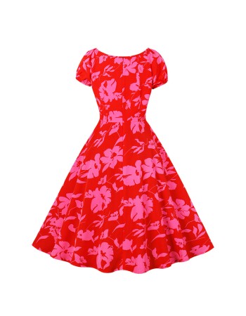 Slimming Midlength Women Summer emperament Lacing Elastic Casual Print Dress 5193