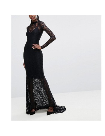 Women's Long Sleeve Black Lace Party Long Dress M18049