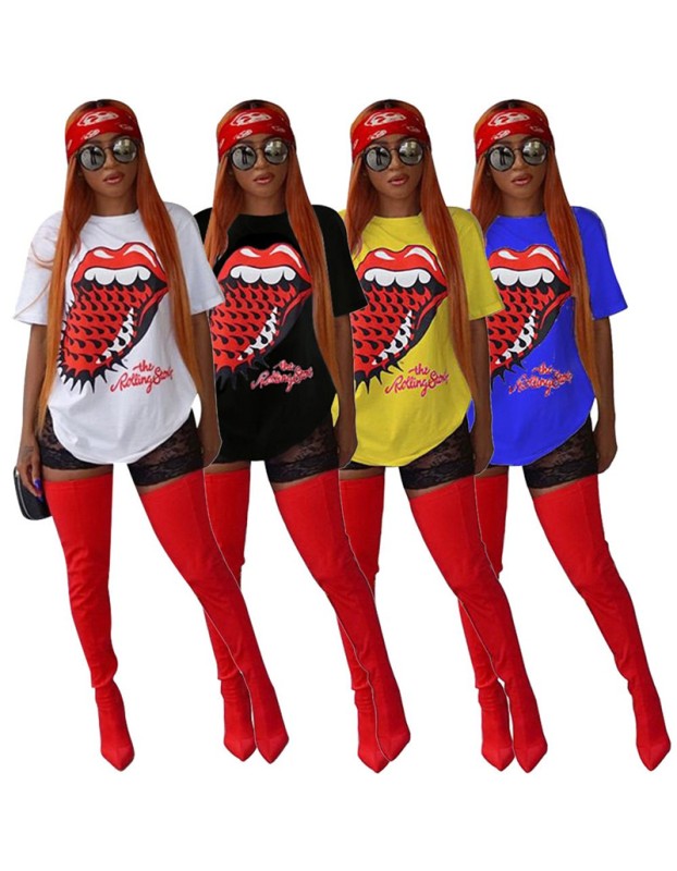 Fashion Women Big Mouth Printed Casual Wear T-shirts m8149