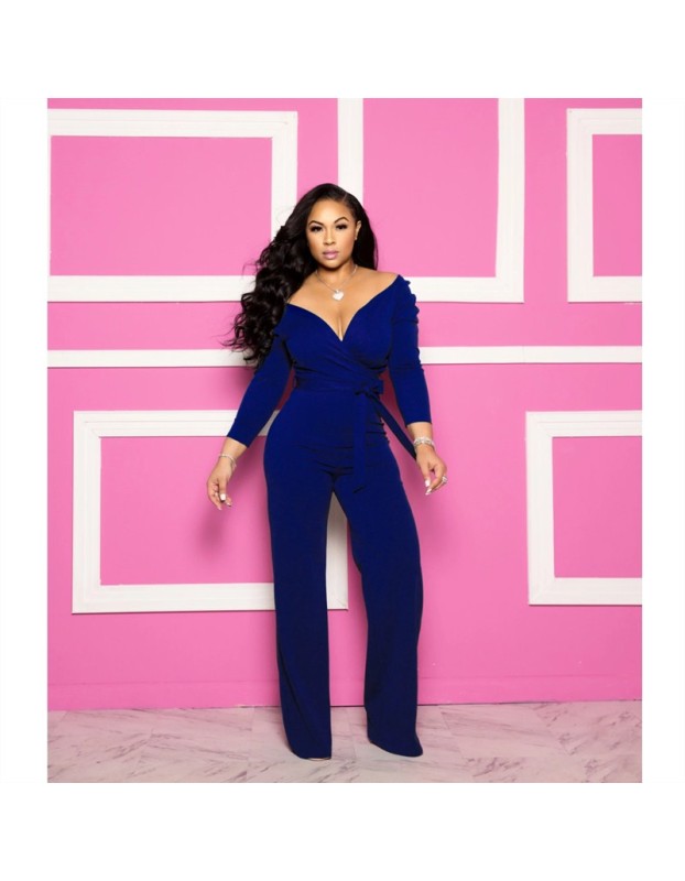 Womens Solid Sexy Deep V Neck Full Sleeve Jumpsuits Belt M9202