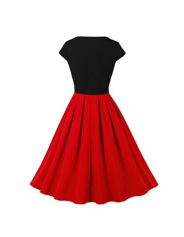 Fashion V-neck Dress Waist Short-Sleeved Folk Dance Swing Mid-Length Dress 5098