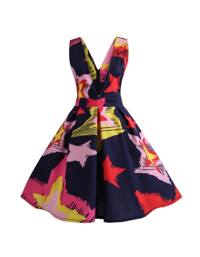 V Neck Print Backless Sexy Short Dress M30341
