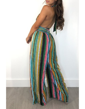 Summer Elegant Striped Deep v Neck Sexy High Waist Jumpsuit M8250
