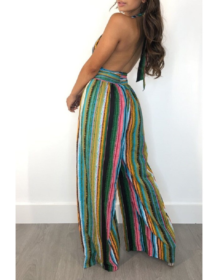 Summer Elegant Striped Deep v Neck Sexy High Waist Jumpsuit M8250