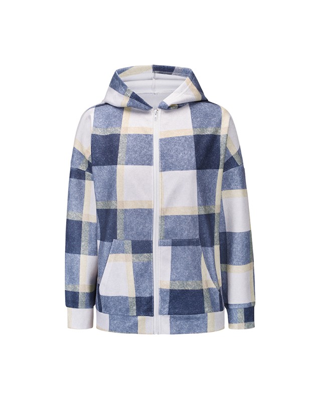 Checked Woolen Cloth Flannel Shirt Zipper Hooded Cardigan Women Coats LQ168