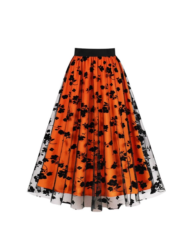Mesh Double Flocking Floral Skirt With Waist Floral Print Women Full Skirt 5047
