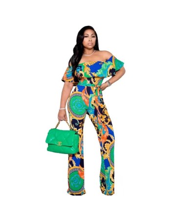 Summer Women Boho Casual Loose Ruffle Off Shoulder Jumpsuit M8605