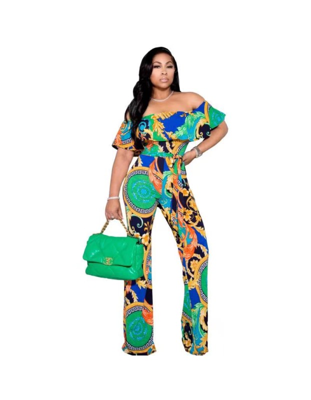 Summer Women Boho Casual Loose Ruffle Off Shoulder Jumpsuit M8605
