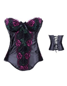 embroide flowery satin black corset m1973