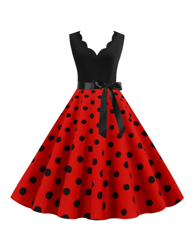 Burnt Polka Print Dot Office Wear Sleeveless V-neck White Dress JY14721