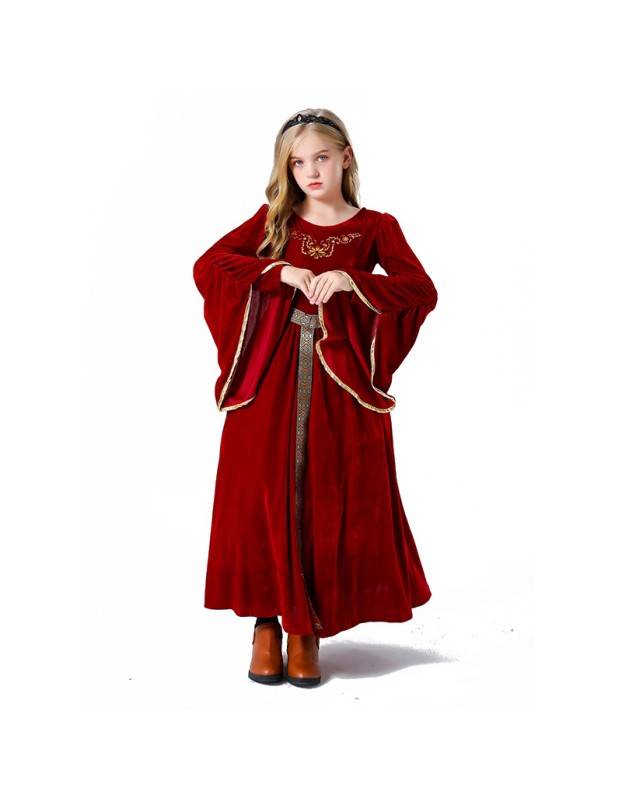 Vintage Court Aristocratic Ball Suede Trumpet Sleeve Girl Dress Drama Clothing YM5605