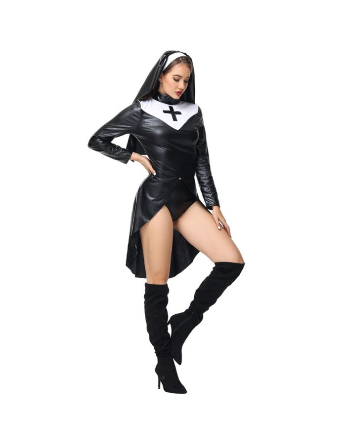Sexy Nun Costume Women Faux Leather Bad Naughty Nun Roleplay Fancy Dress SL3401