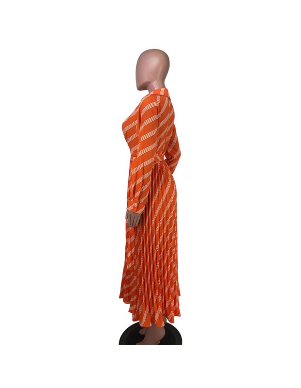 Sexy Women's V-neck Long Sleeve Exquisite Printed Pleated Dress YM8632