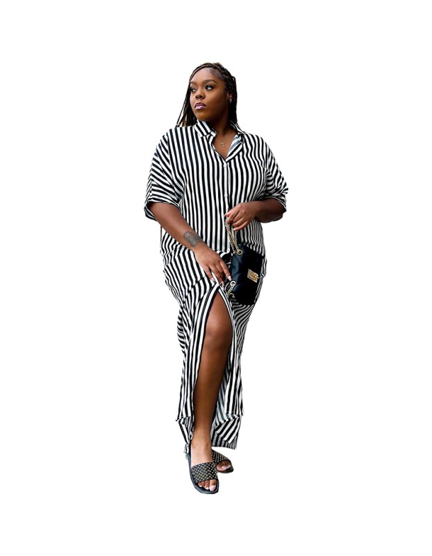 Fashion Striped Women's Shirt Long Casual Dress 9414