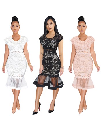 round neck lace mermaid  see-through  party midi dress M30173