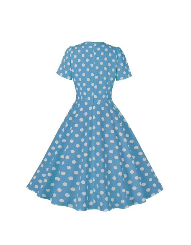 Hepburn Style Round Neck Bow Lace Up Polka Dot Retro Swing Dress Woman 5157