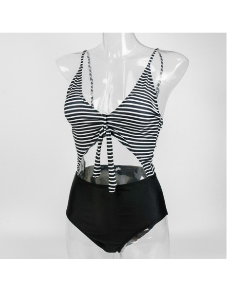 Black White Striped Hollow Out Sexy Two Pieces Bikini Swimsuit 18005L