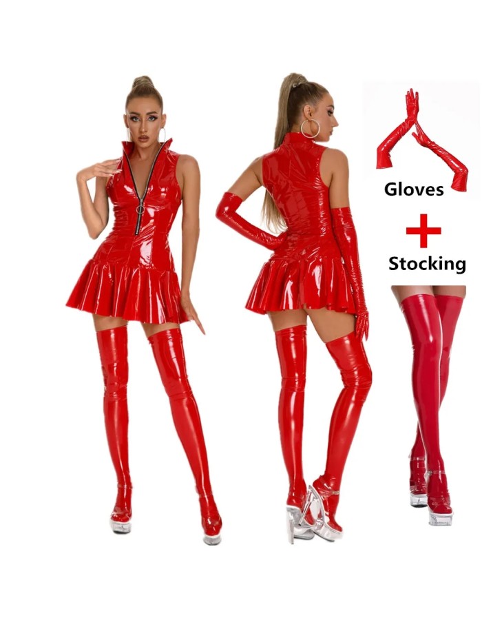 Glossy Patent One Piece Leather Dress Mirror Sheath Leather Dress XX6864