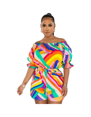 High Quality Women's Colorful Printed One Shoulder Loose Jumpsuit 9415
