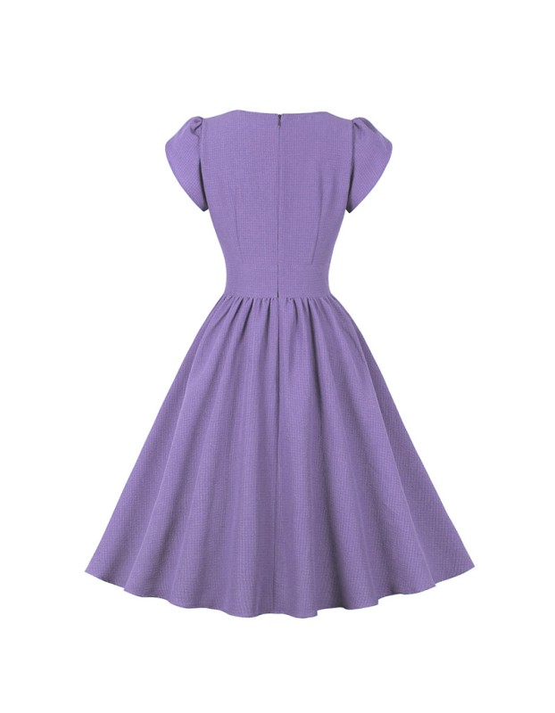 Vintage Women Bubble Short Sleeve Button Design Big Swing Mid Length Dress 5043