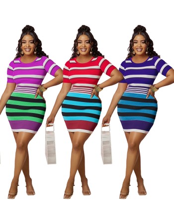 Fashion Women's Striped Match Color Slim-Fit Bag Buttock Dress 9402