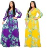 Full Sleeve Belted V-neck Floral Print Boho Chiffon Dress M8450