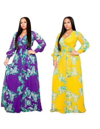 Full Sleeve Belted V-neck Floral Print Boho Chiffon Dress M8450