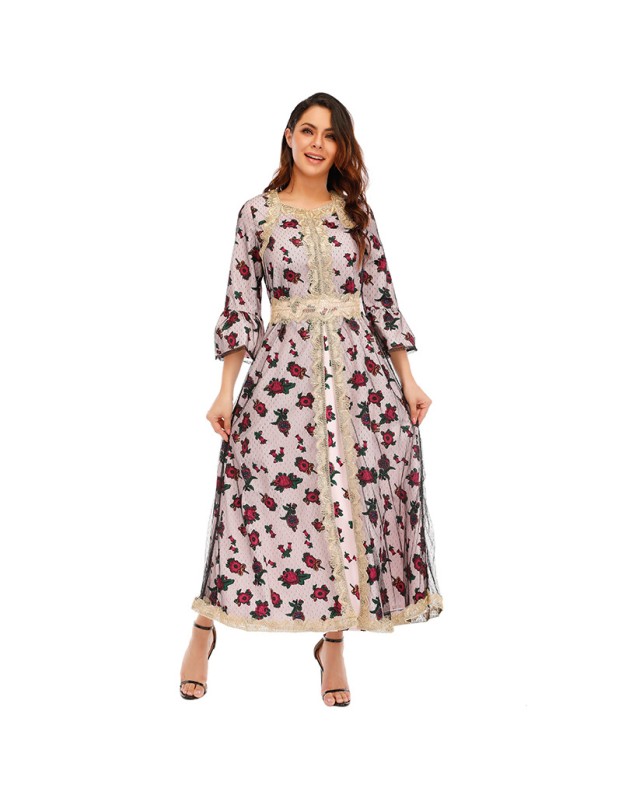 African Design Print Mesh Muslim Clothing Elegant Floral Women Party Dress 21275