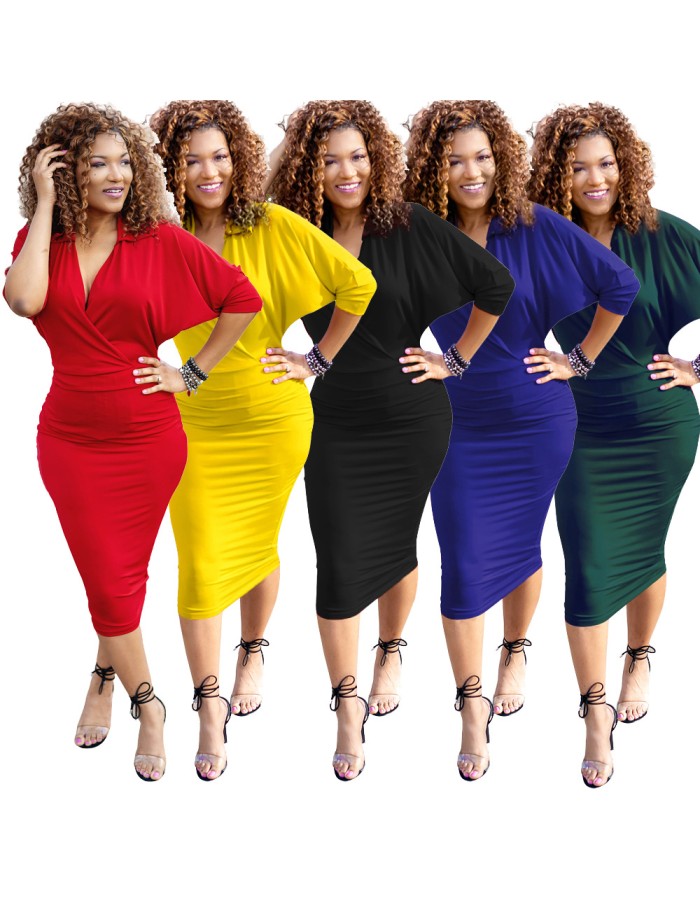 Elegant V Neck Batwing Sleeve Knee Length Bodycon Dress m8385