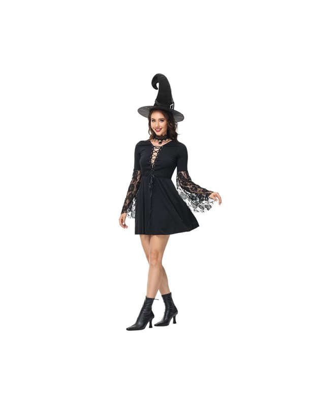 Halloween Party Cosplay Stage Black Cutout Lace Witch Dress Costume SL3399