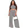 Fashion Crop Solid Color Wide Leg Pants Two Sets 9411