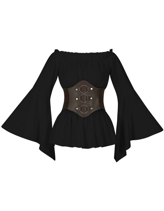 Women's Renaissance Long Sleeved Pleated Waist Bohemian Pirate Shirt Belt SM3024