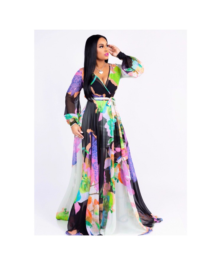 Summer Women Floral Print Casual Chiffon Maxi Dress M8266