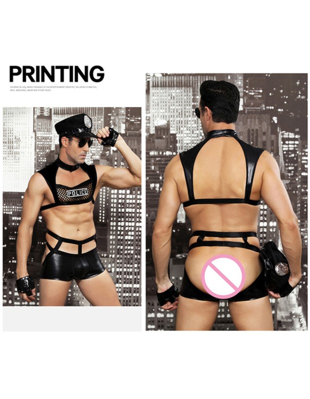 Mens Sexy Erotic Uniform PU Leather Cosplay Police Costume M7354