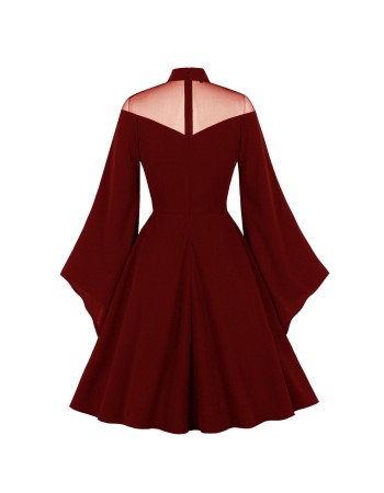 Women Fashion Elegant Mesh Patchwork Flare Sleeve Party Dress M3067