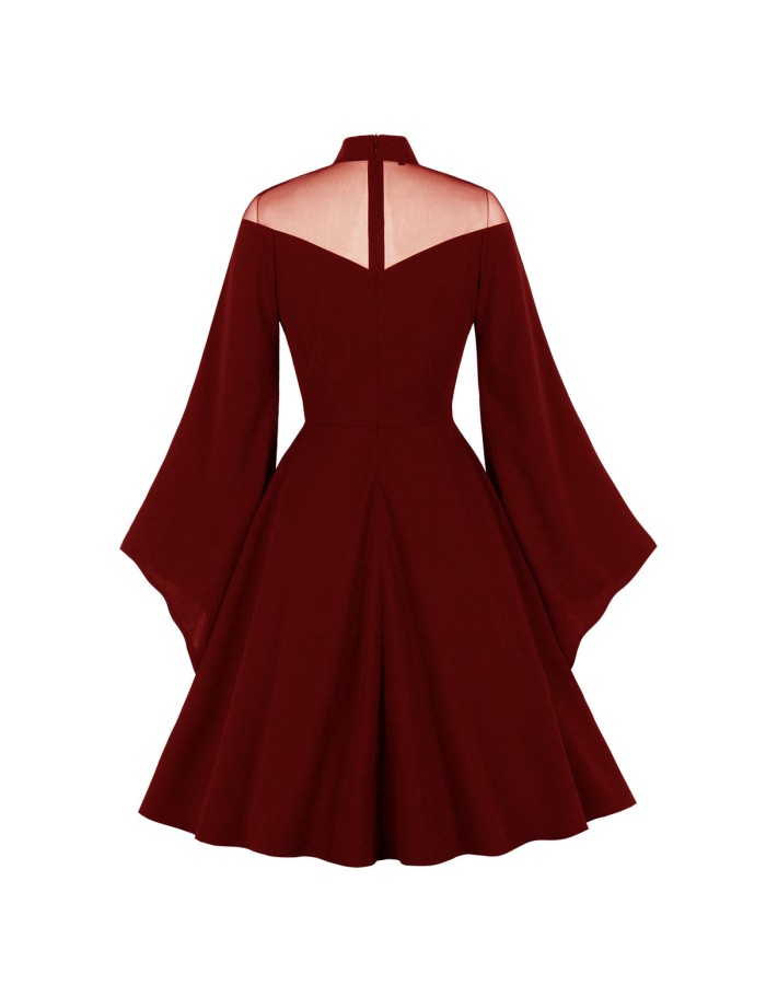 Women Fashion Elegant Mesh Patchwork Flare Sleeve Party Dress M3067