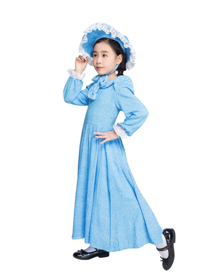 British colonial farm dress girls costume children blue dot dress cosplayM40648