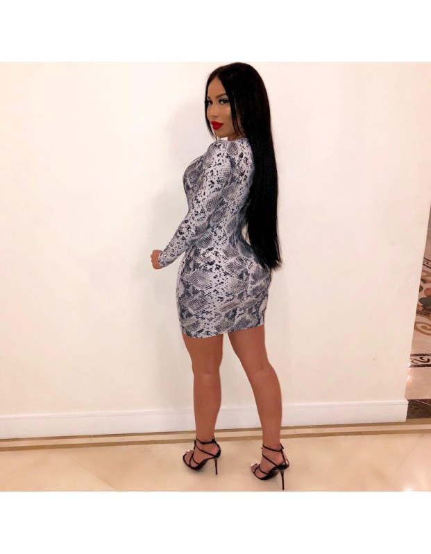 Long Sleeve Snake Print Women Sexy Bodycon Dresses m8337