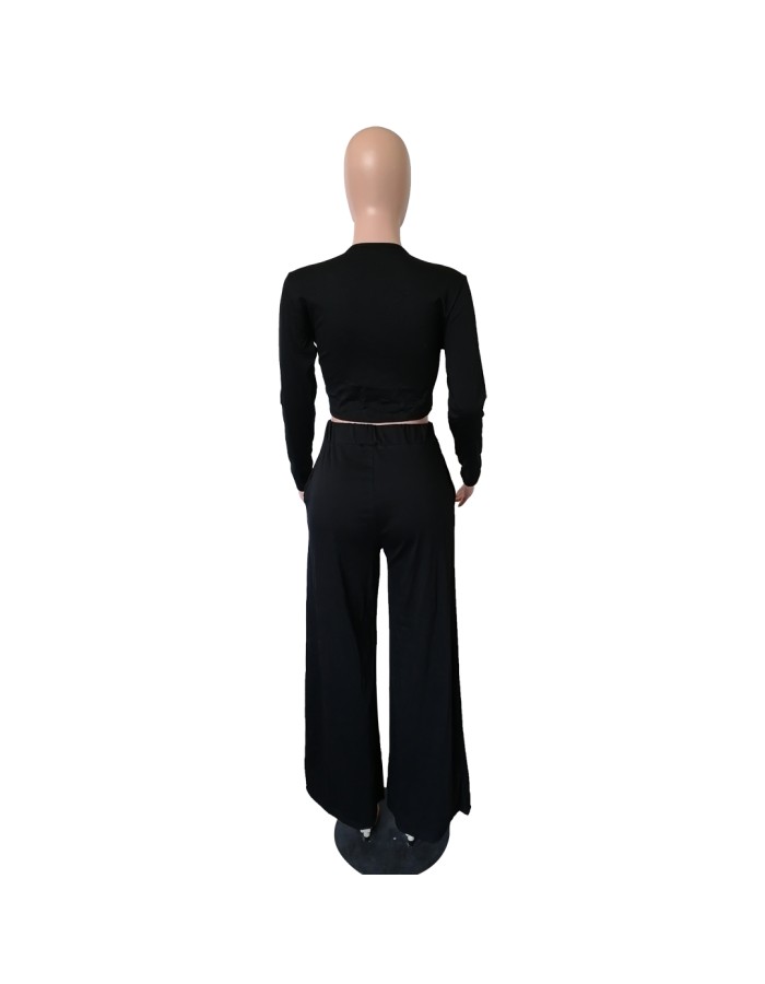 Long Sleeve Bandage Top + Wide Leg Long Pants Casual 2 Pieces Sets M8490