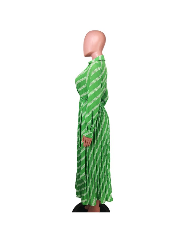 Sexy Women's V-neck Long Sleeve Exquisite Printed Pleated Dress YM8632