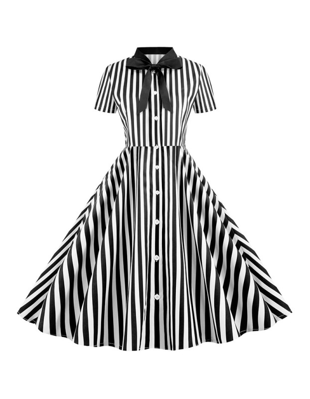 Spot Goods Bow Print Party Slim Striped Casual Summer Midi Dresses JY14771