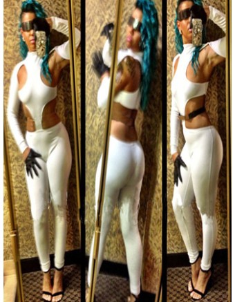 2014 Best Selling Spandex White Long Sleeves Hollow Out Women Jumpsuit M3848