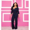 Womens Solid Sexy Deep V Neck Full Sleeve Jumpsuits Belt M9202