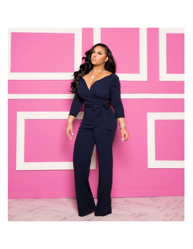 Womens Solid Sexy Deep V Neck Full Sleeve Jumpsuits Belt M9202