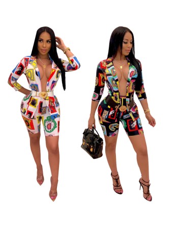 Sexy Casual 2 Two Piece Set Printing Coat + Hot Pants m8426
