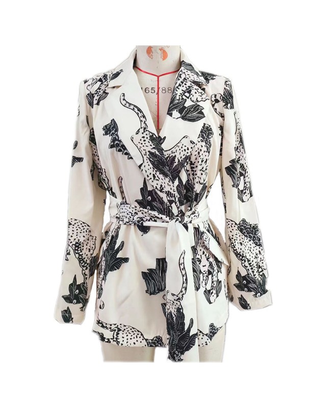 Splash-Ink Flower Print Dress Vintage Tie Waist Suit Jacket Woman Sexy Skirt 5176