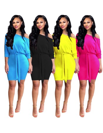 Women-fashion-batter-sleeve-solid-color-dress M8466
