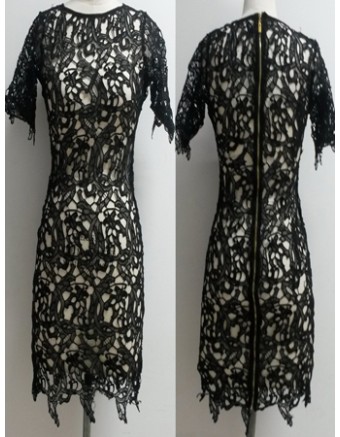2014 Short Seeves Lace Design Zipper Back Club Evening Bandage Bodycon Dress M3826b