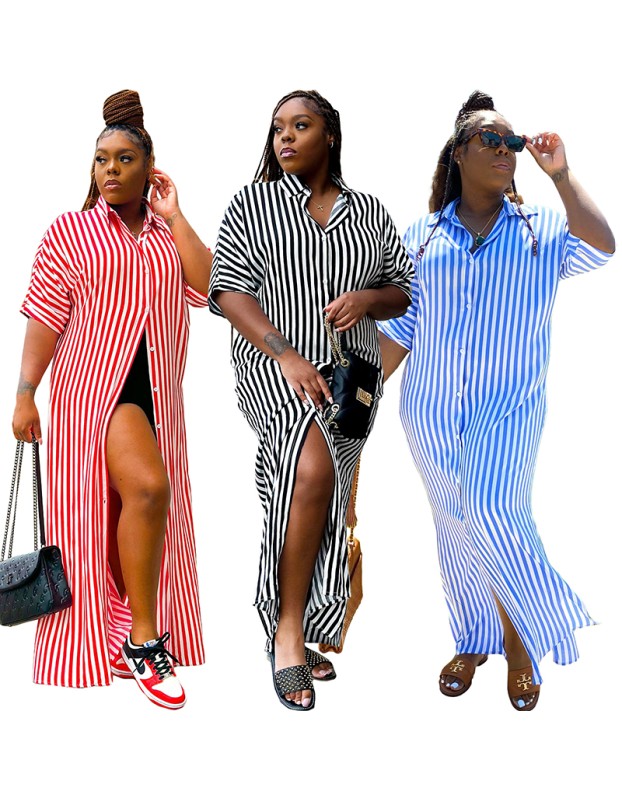 Fashion Striped Women's Shirt Long Casual Dress 9414